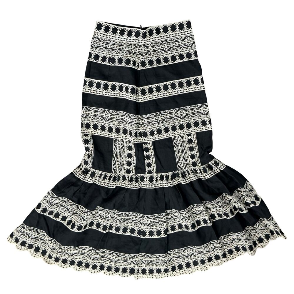 Zara Black White Boho Embroidered Linen Mermaid Midi Skirt size S Blogger Fave